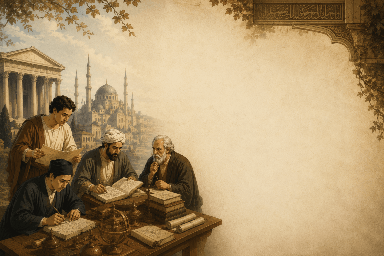 Scholars from several traditions comparing manuscripts, charts, and instruments at one table.