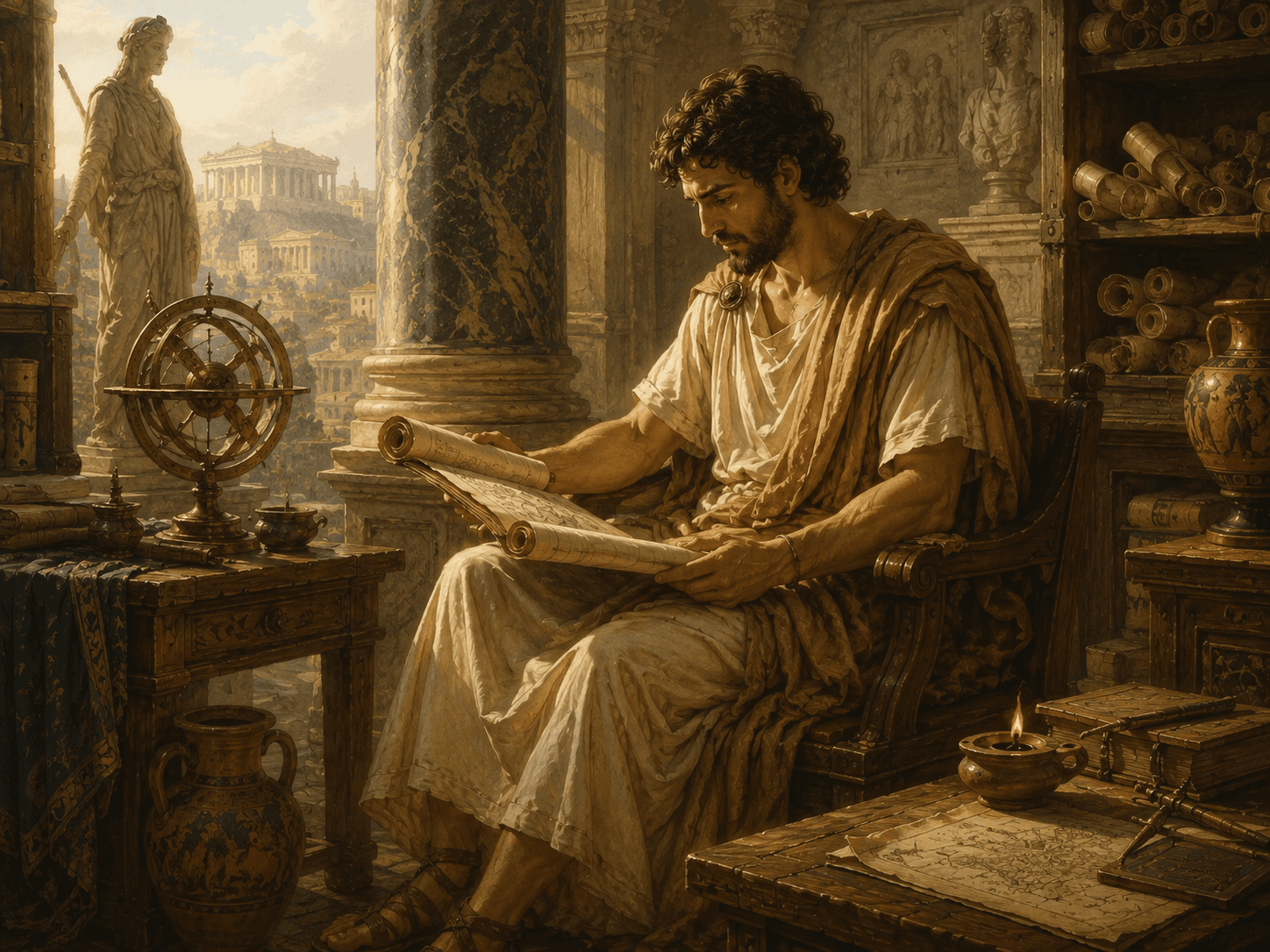 A painting of a scholar in a toga seated by a colonnade, unrolling a scroll, with a city of temples visible beyond the columns and shelves of stored scrolls behind him.