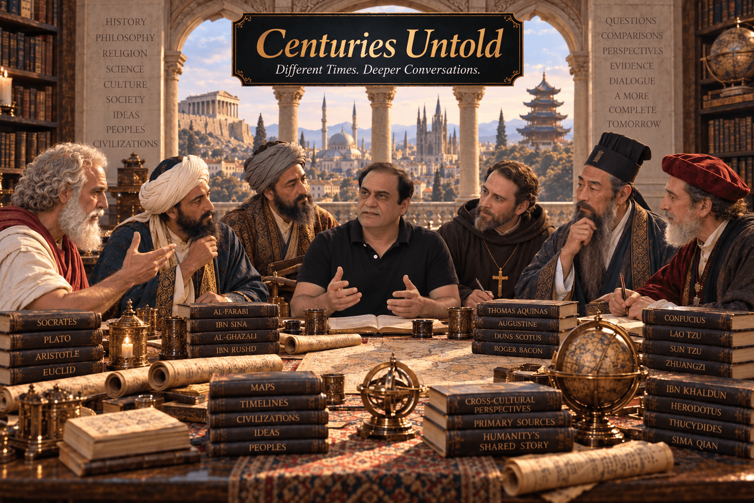 An illustration of Waheed Qureshi in conversation at a long table with scholars from the Greek, Arabic, Latin, Chinese, and Persian traditions, among stacked volumes, maps, an armillary sphere, and a globe.